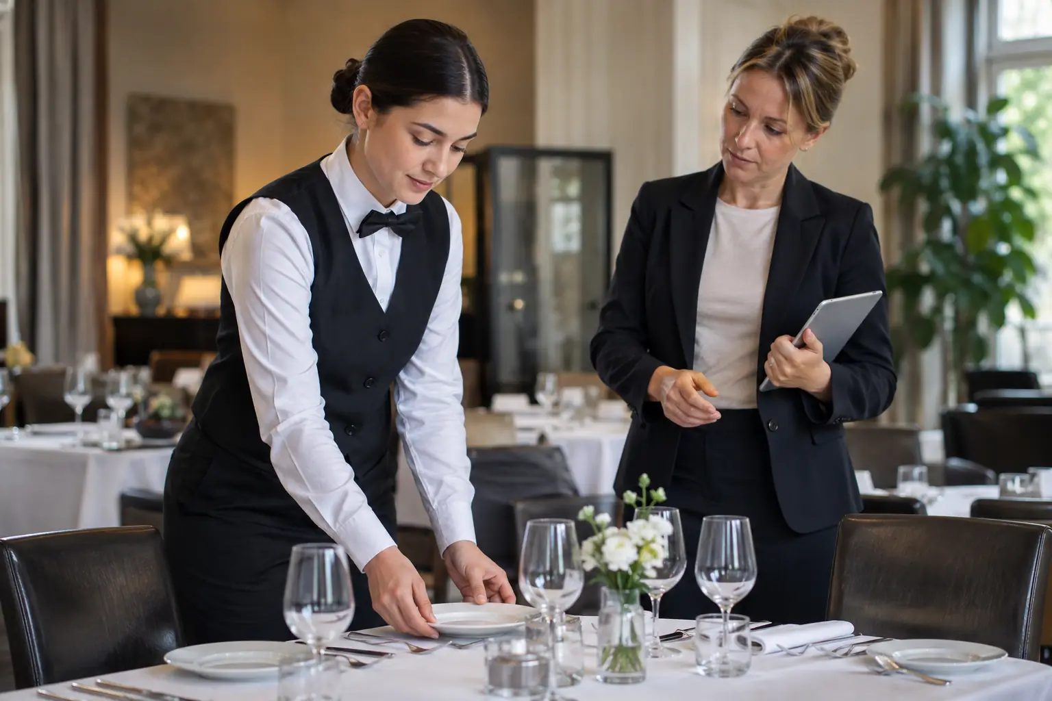 Élèves s’exerçant au service en salle de restaurant