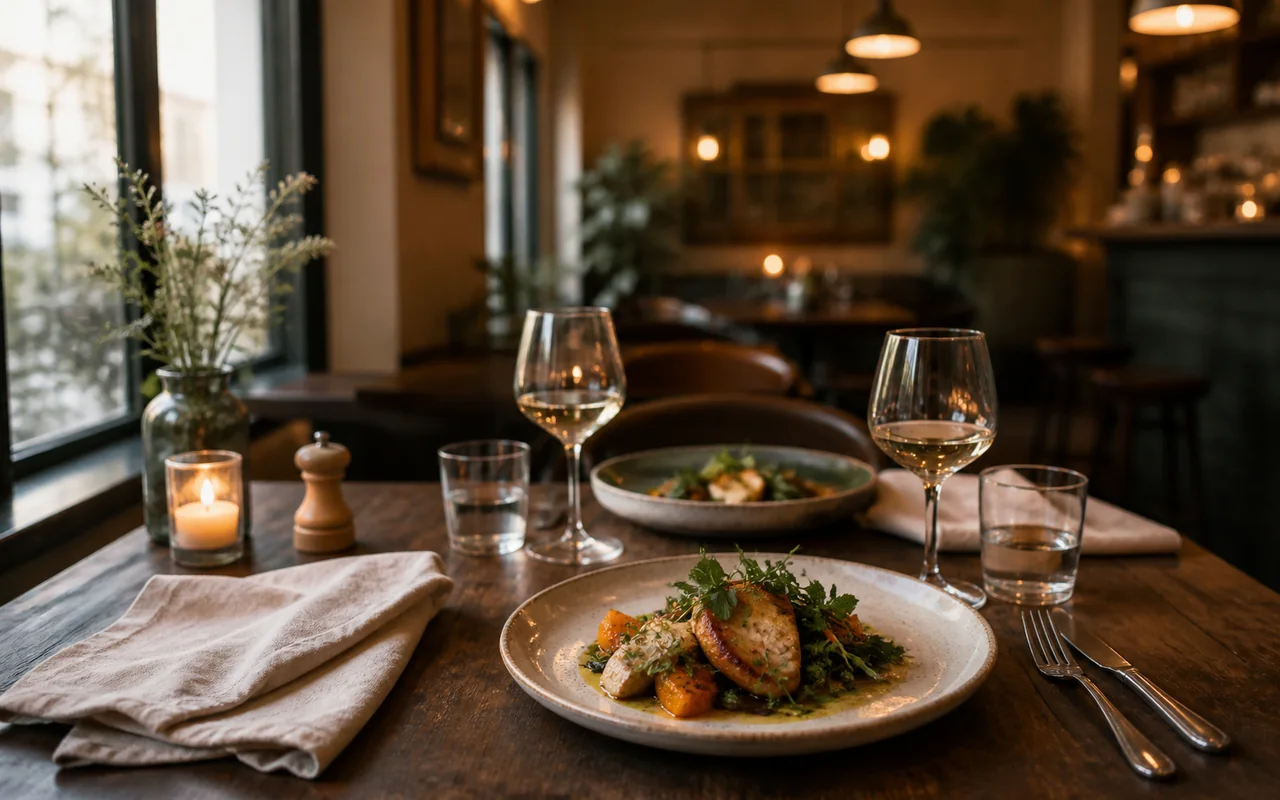 Illustration IA d’une salle de bistrot préparée pour le service