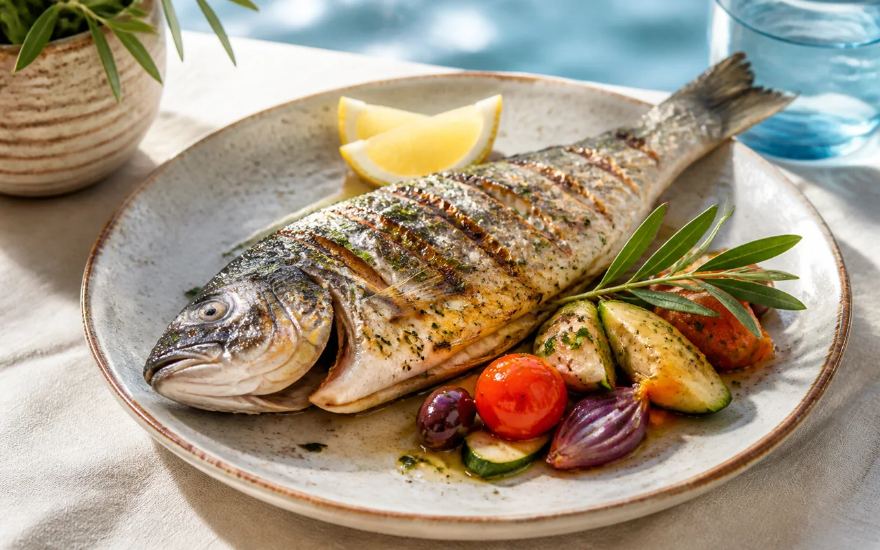 Illustration IA d’une assiette méditerranéenne aux produits de la mer