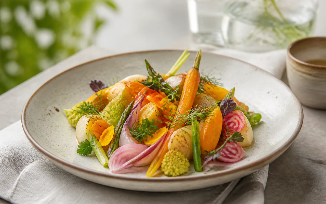 Illustration IA d’une assiette végétale de saison