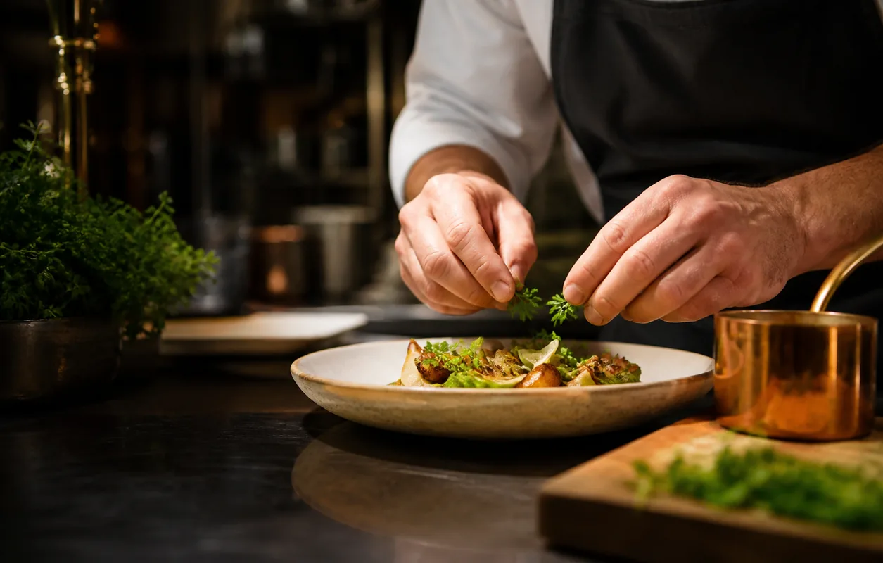 Illustration IA d’un dressage d’assiette en cuisine