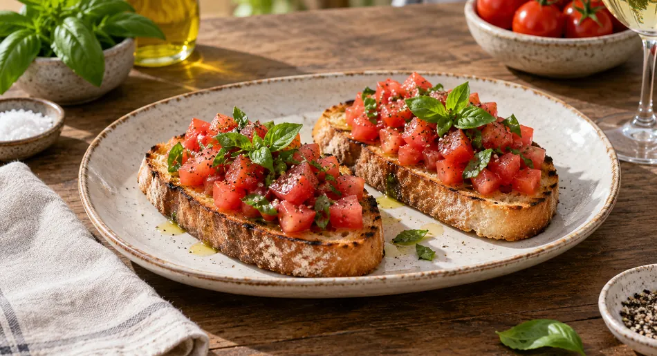 Illustration IA de tartines de bruschetta aux tomates et au basilic
