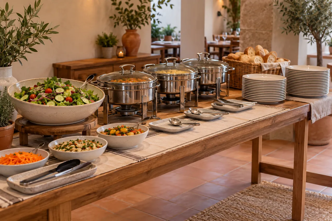 Illustration IA d’un buffet avec ustensiles et assiettes