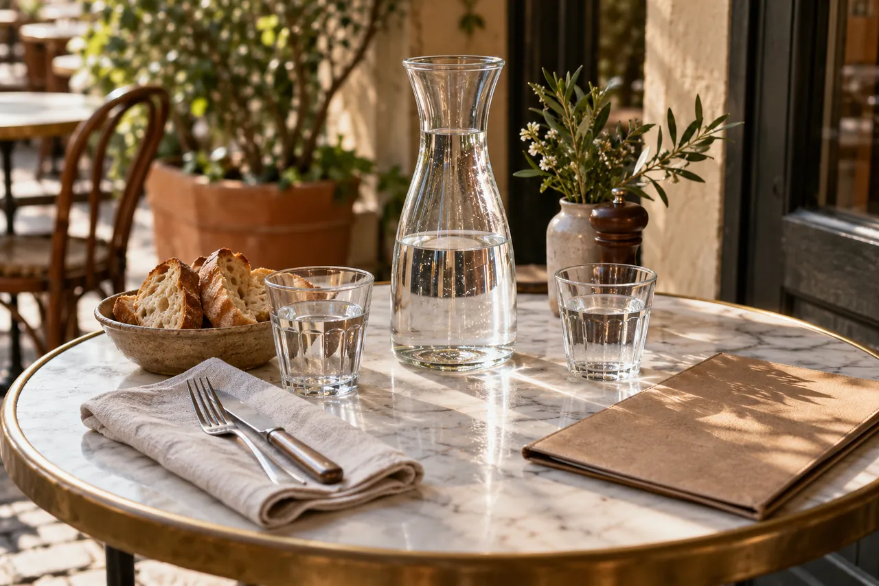 Illustration IA d’une carafe d’eau et de verres sur une table