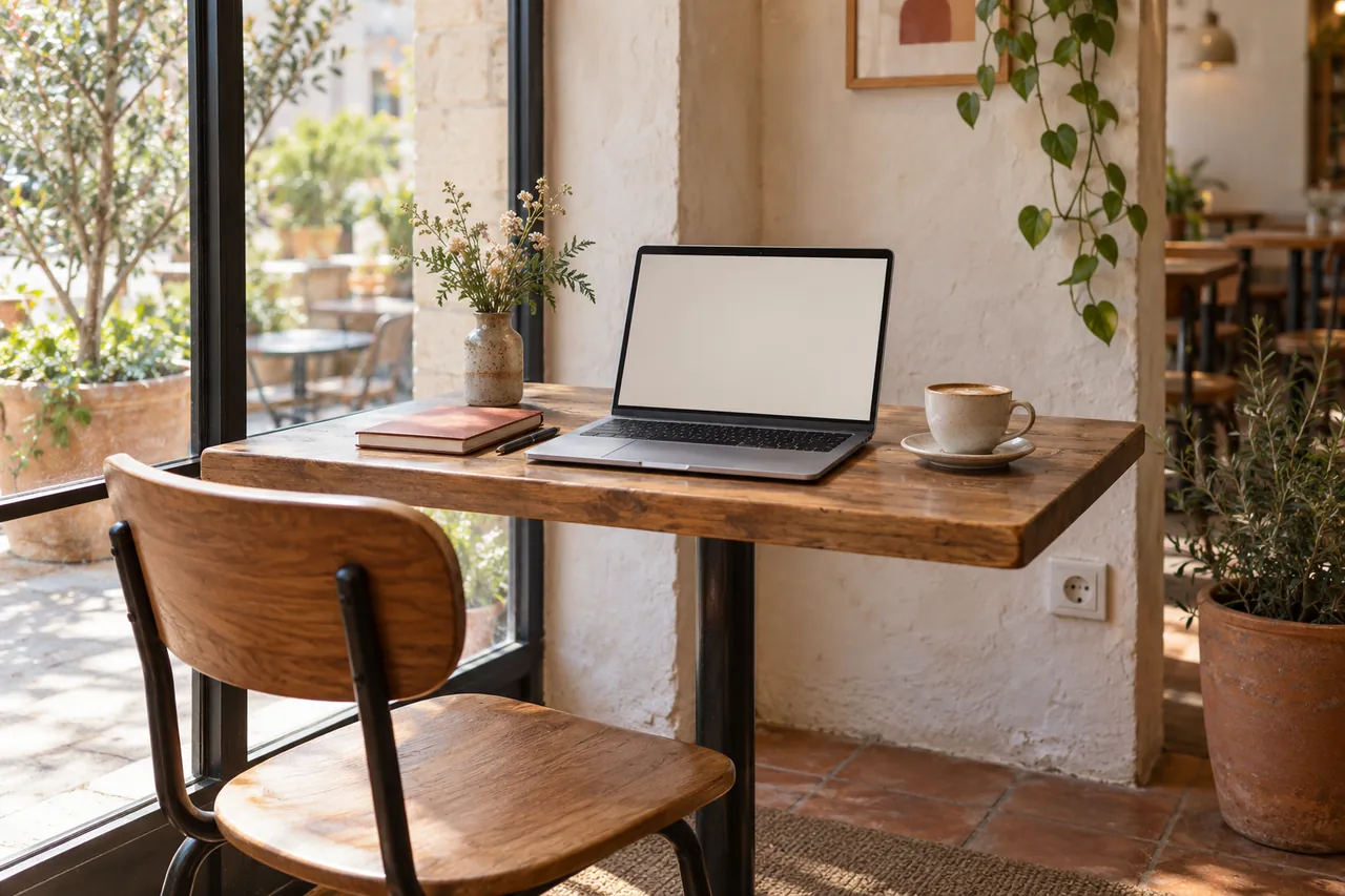 Illustration IA d’une table de café équipée pour utiliser un ordinateur