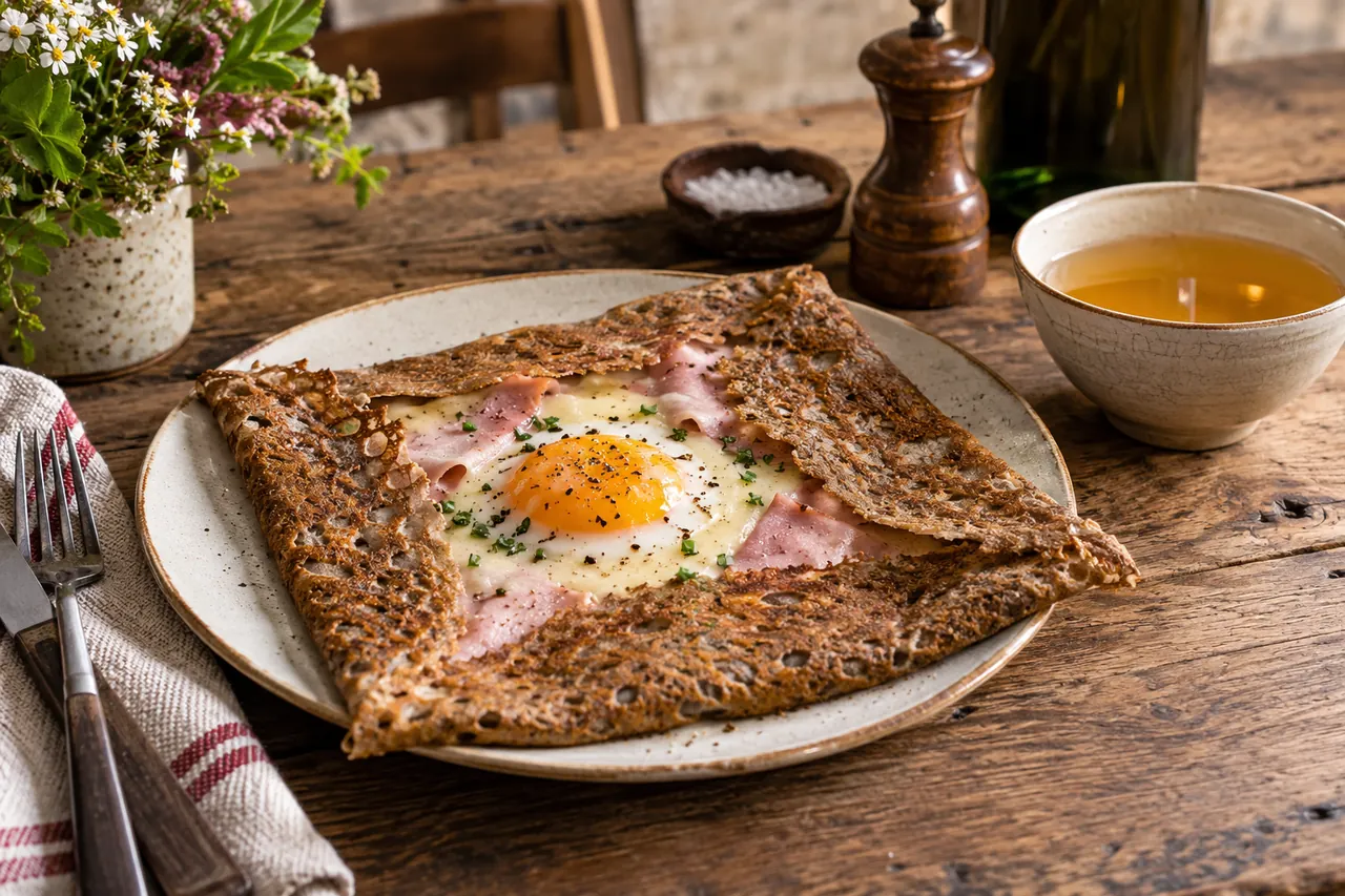 Illustration IA d’une galette complète avec œuf, jambon et fromage