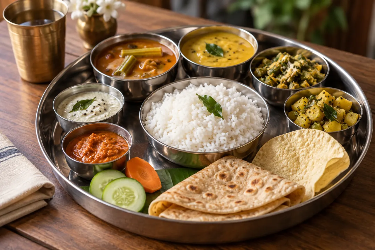 Illustration IA d’un thali végétarien du sud de l’Inde