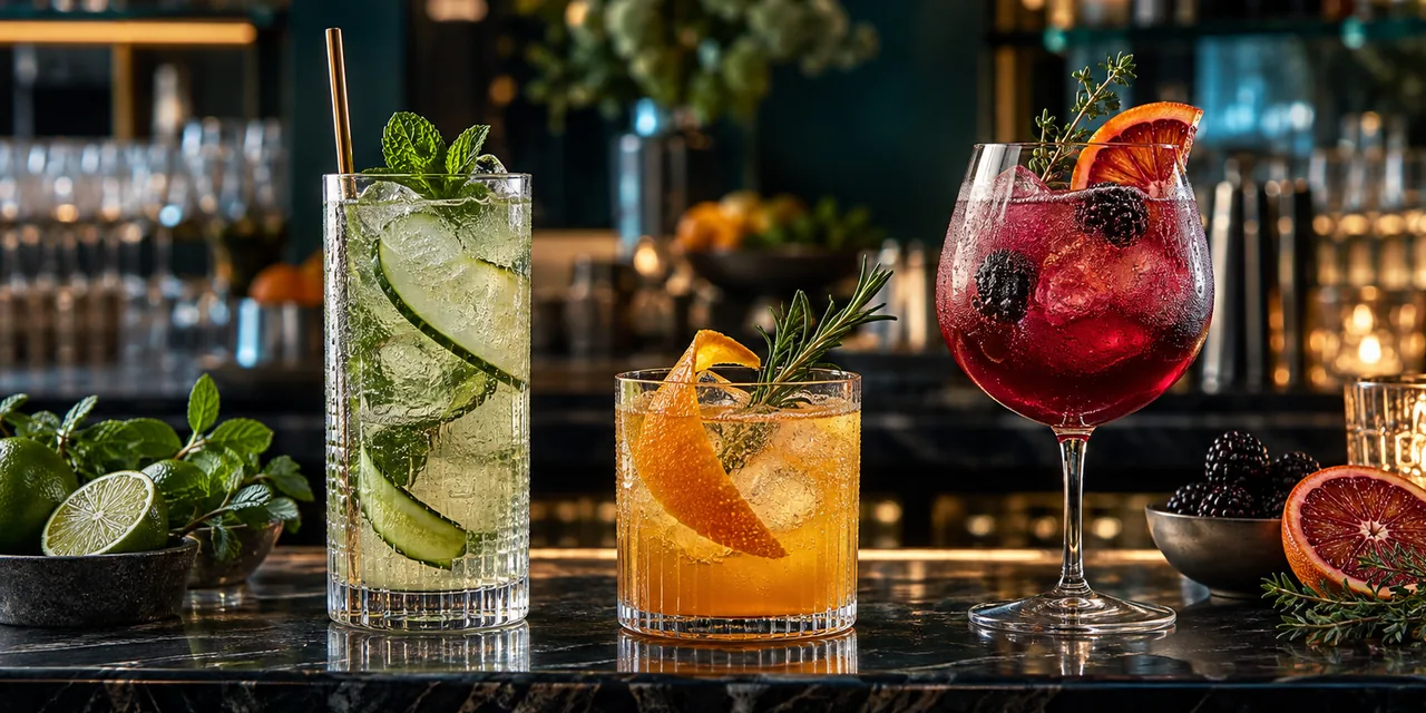 Trois cocktails sans alcool aux fruits et aux herbes sur un comptoir