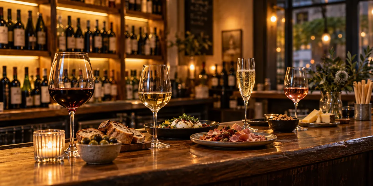 Verres de vin et assiettes à partager sur un comptoir chaleureux