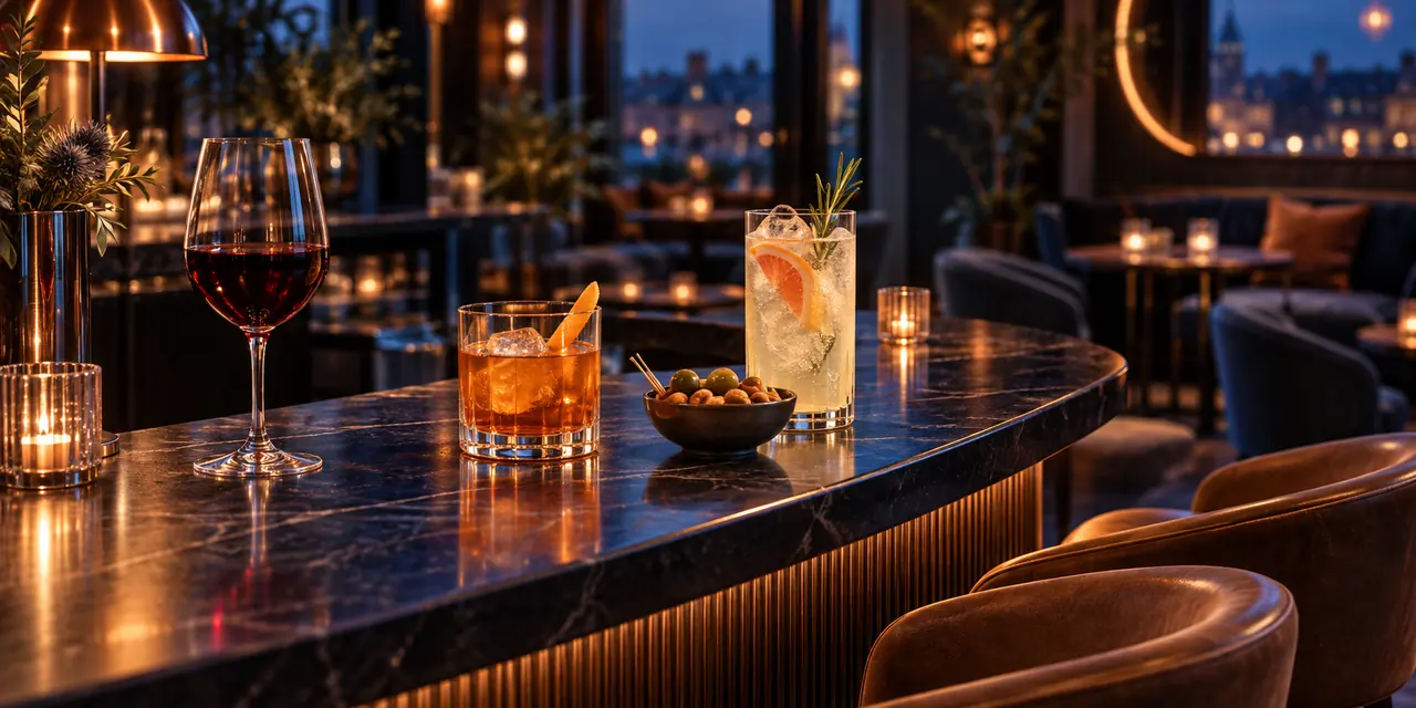Vin, cocktail et boisson sans alcool disposés sur un comptoir de bar
