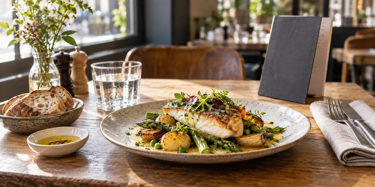 Plat de saison servi pour un déjeuner dans un bistrot lumineux