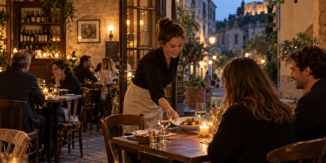 Salle de restaurant accueillante pendant un service du soir