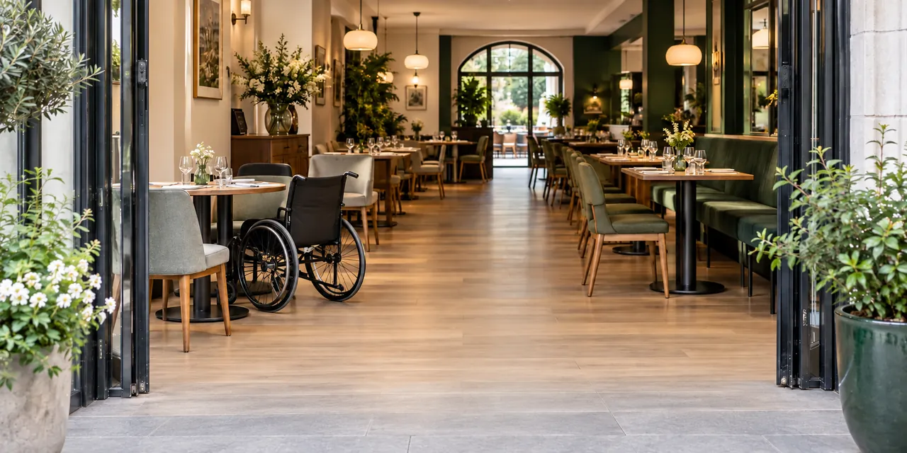 Entrée de plain-pied et salle de restaurant aux allées dégagées