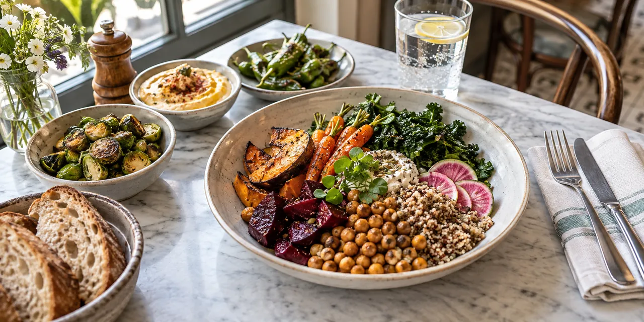 Assiette végétarienne complète avec légumes rôtis, céréales et légumineuses