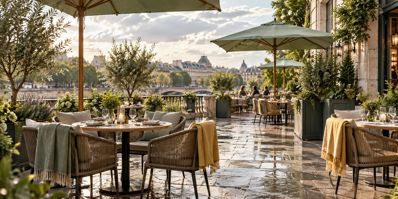 Terrasse de restaurant arborée avec tables espacées après la pluie