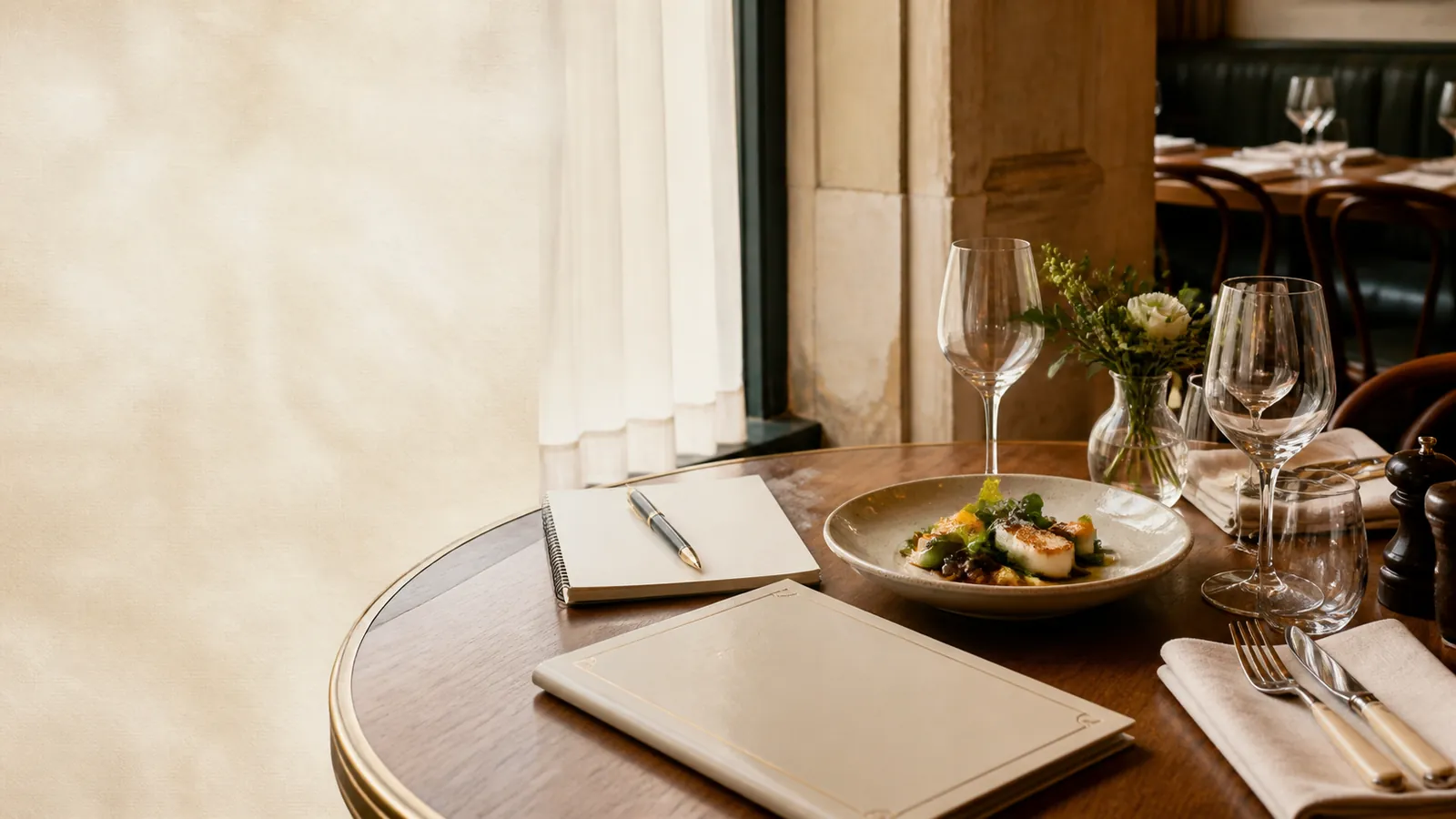Table de restaurant préparée pour comparer et réserver une adresse