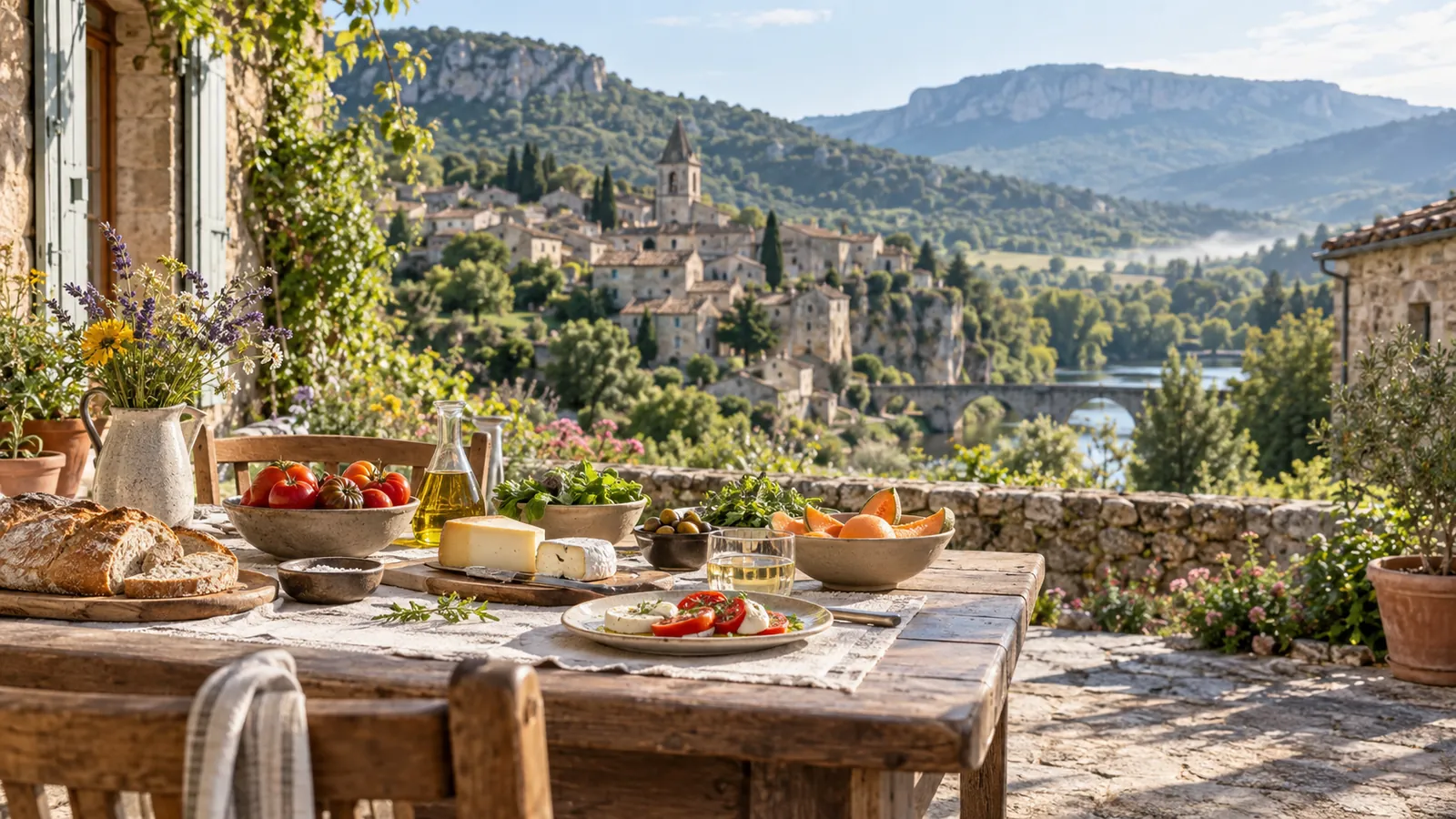 Table dressée dans un village français avec paysage de vallée