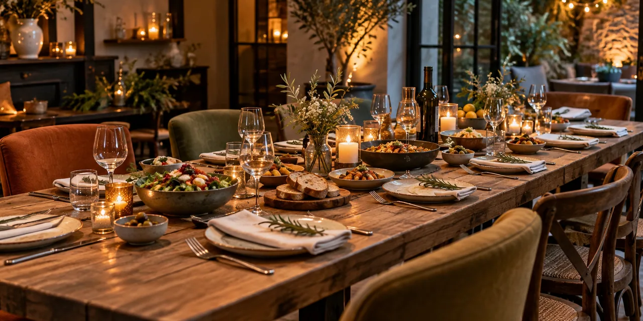 Grande table préparée pour un repas de groupe