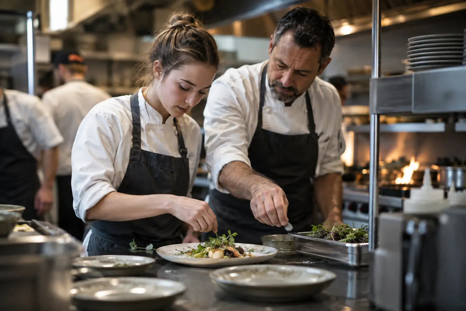 Chef accompagnant une apprentie dans une cuisine professionnelle