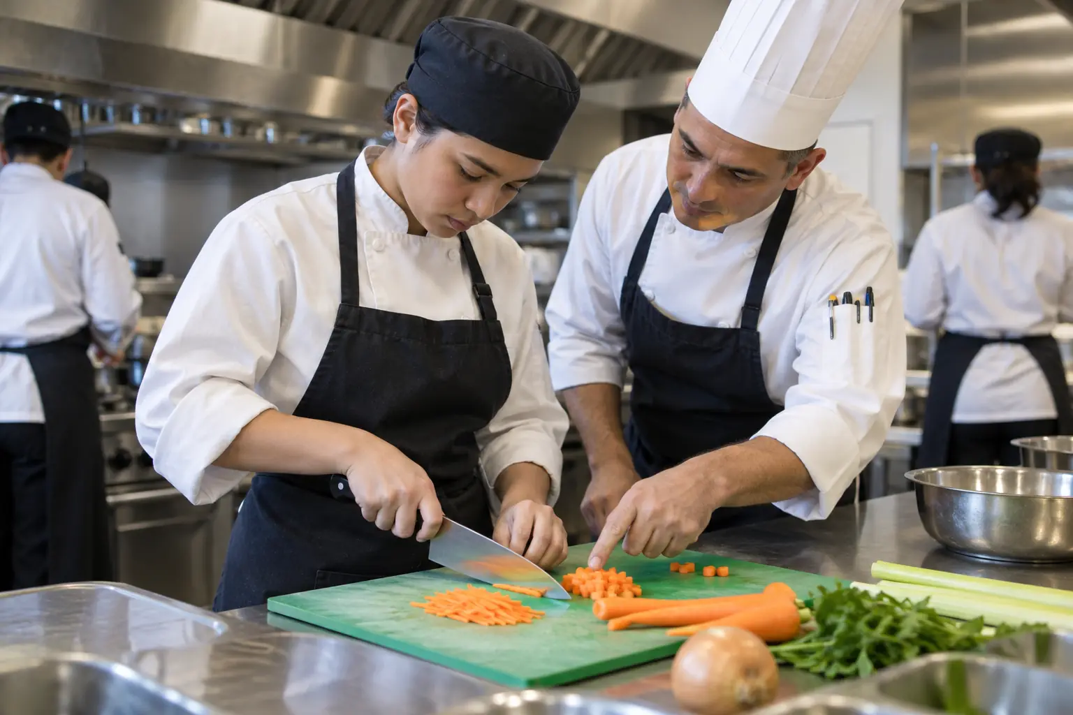 Apprenti cuisinier préparant une assiette pendant sa formation