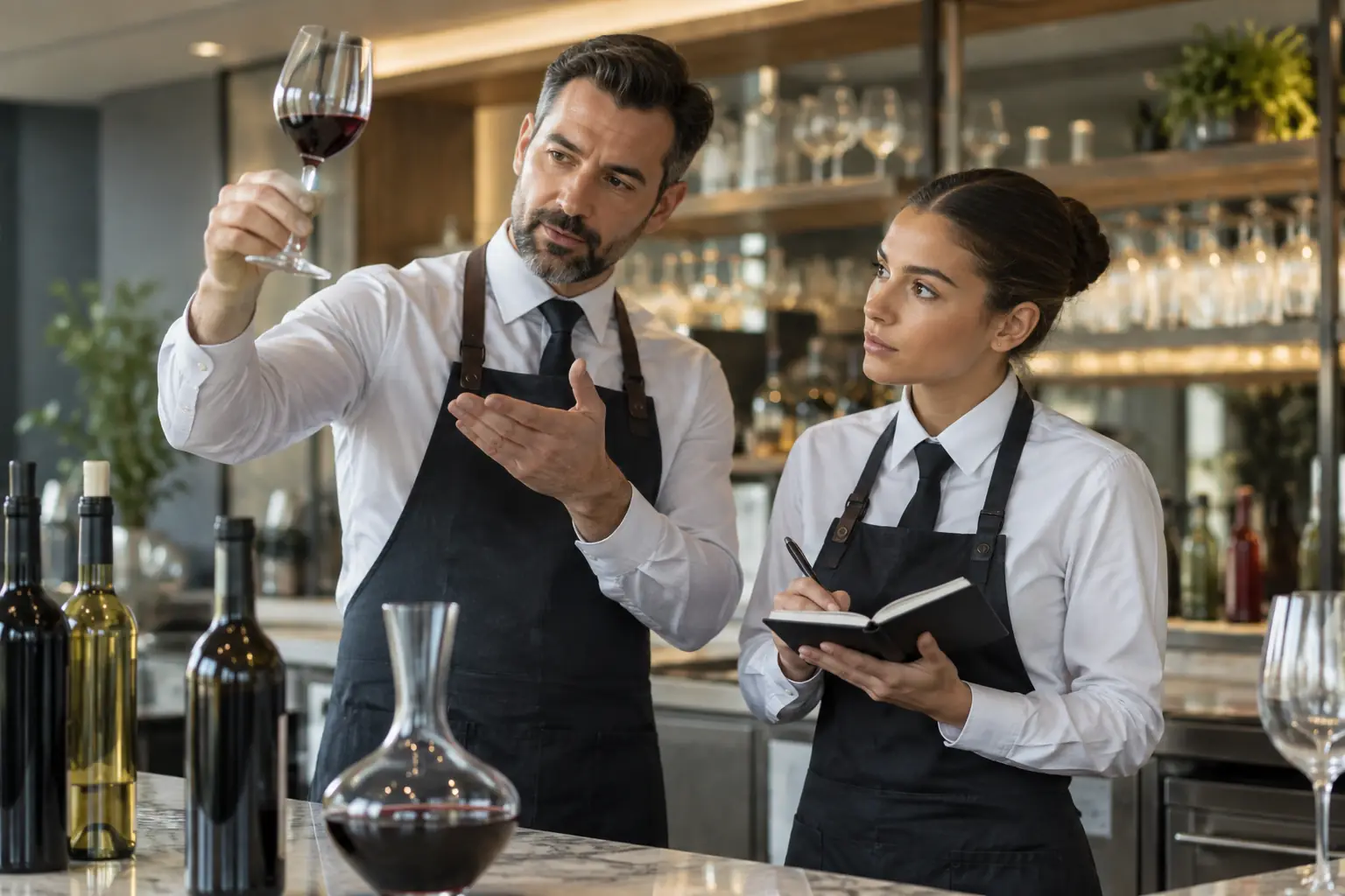 Élève sommelière apprenant le service des boissons