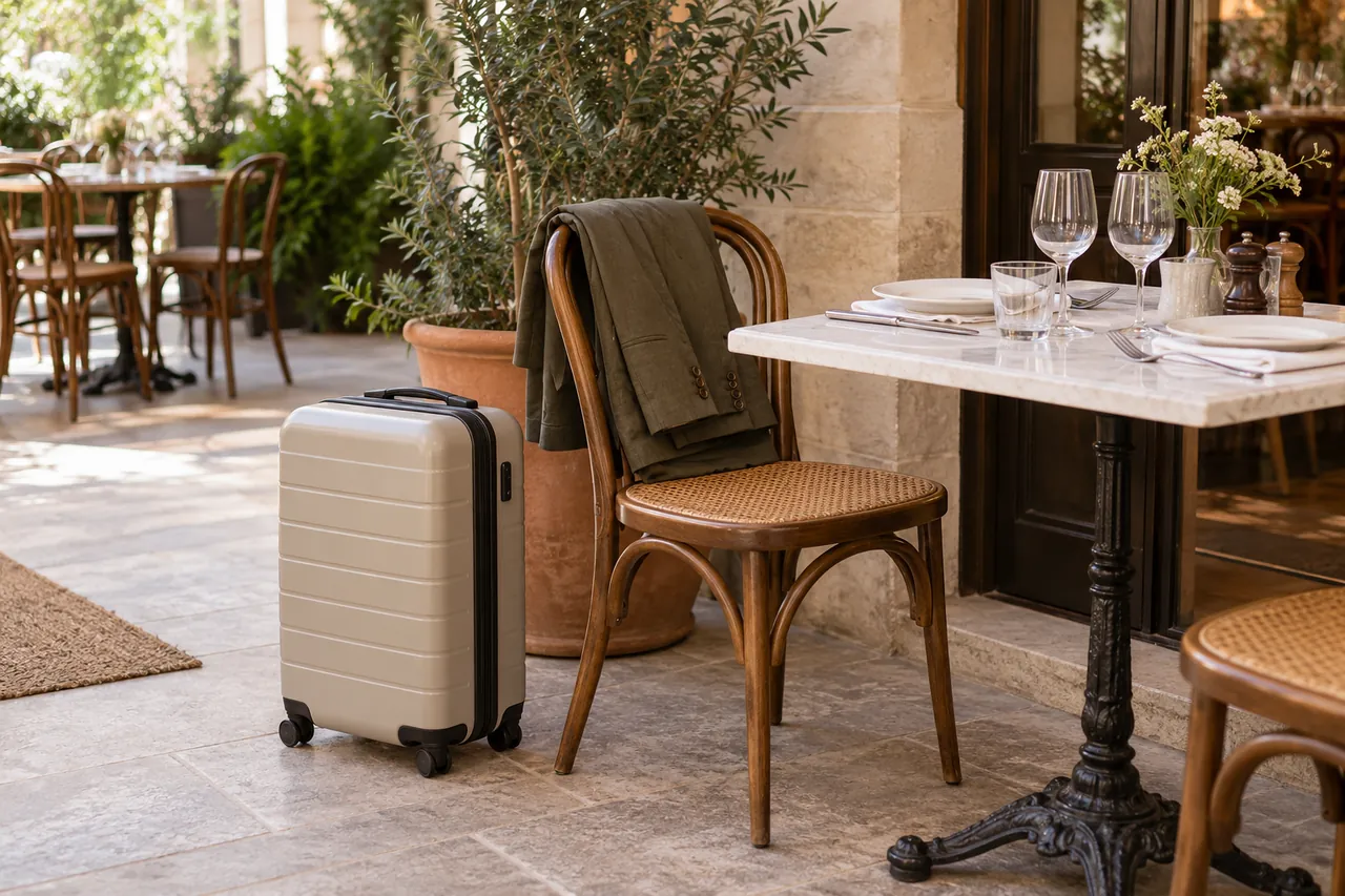 Illustration IA d’un bagage cabine près d’une table de restaurant