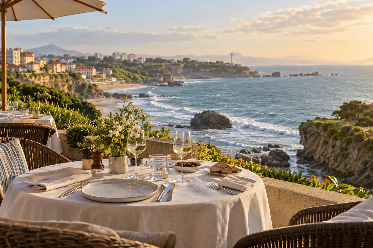 Illustration IA d’une terrasse face à une côte inspirée de Biarritz