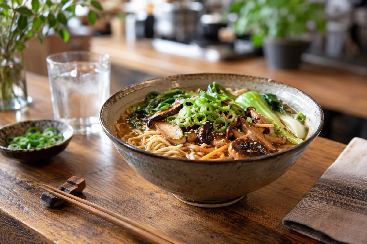 Illustration IA d’un bol de ramen végétal dans un restaurant imaginaire