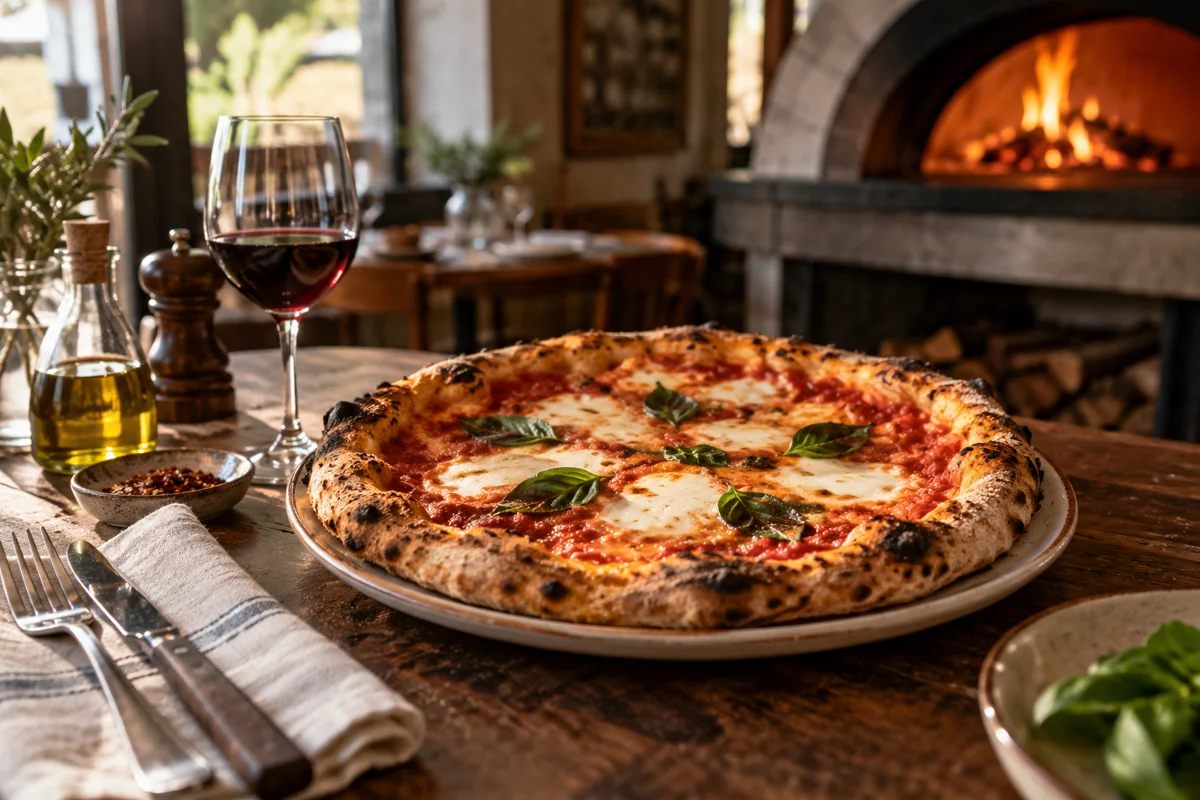 Illustration IA d’une pizza margherita dans un restaurant imaginaire