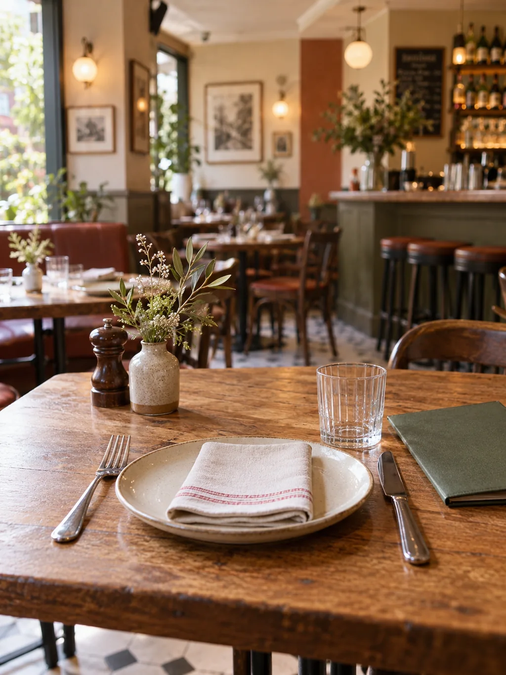 Illustration IA d’une table dressée dans un bistrot imaginaire, avec carte, verre et serviette