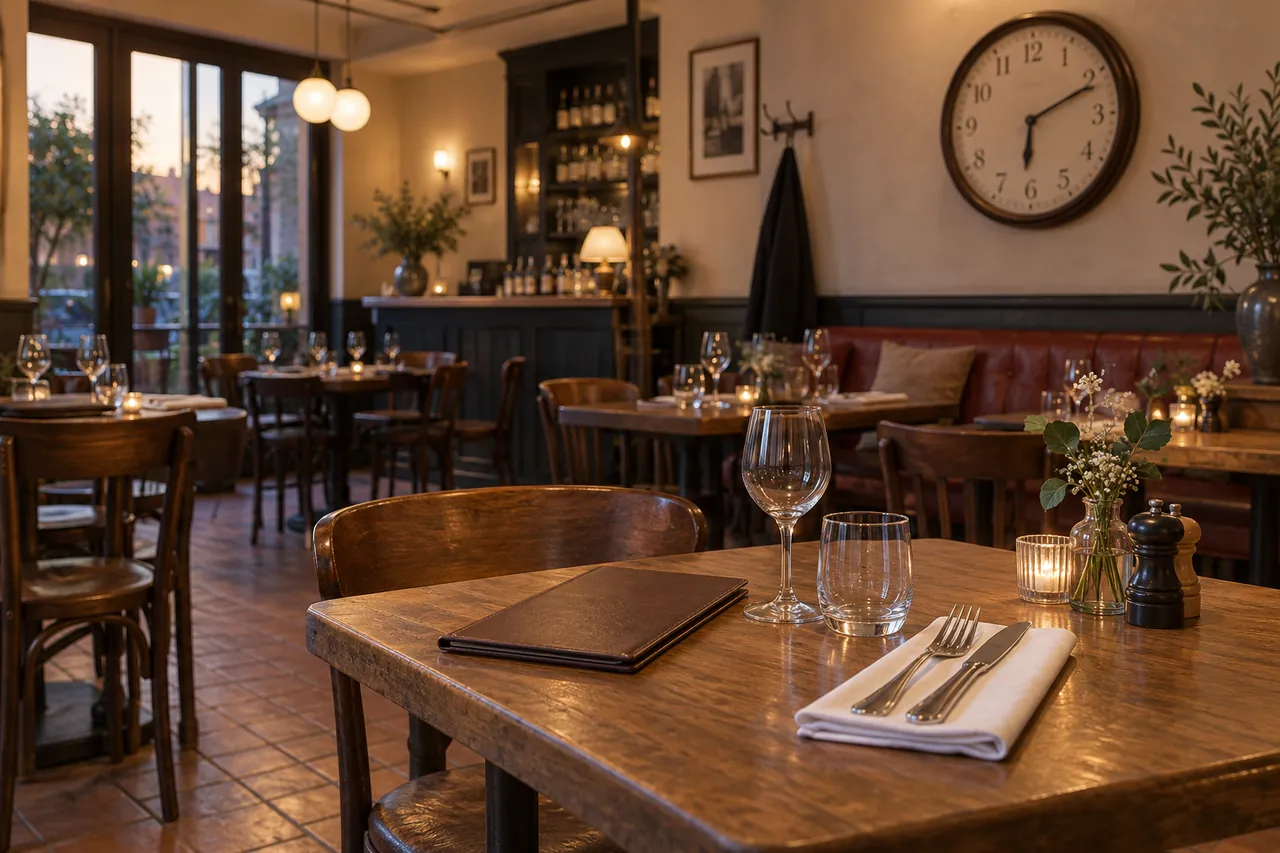 Illustration IA d’une salle de bistrot avec horloge avant le service