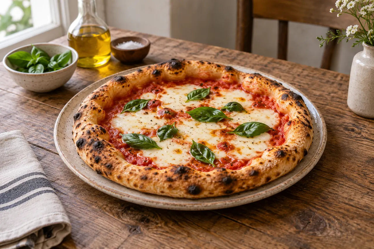 Illustration IA d’une pizza margherita avec mozzarella et basilic