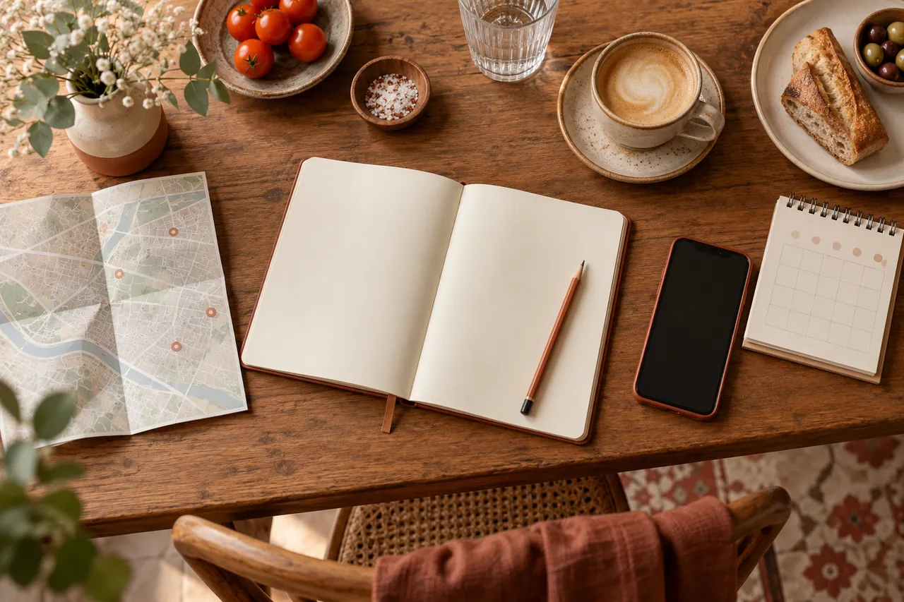Illustration IA d’un carnet, d’un téléphone et d’une carte pour préparer une sortie