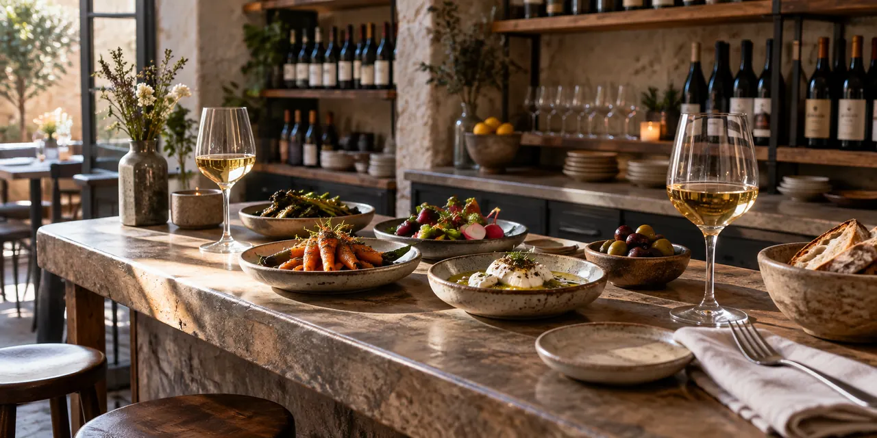 Petites assiettes à partager et verres de vin dans une cave à manger