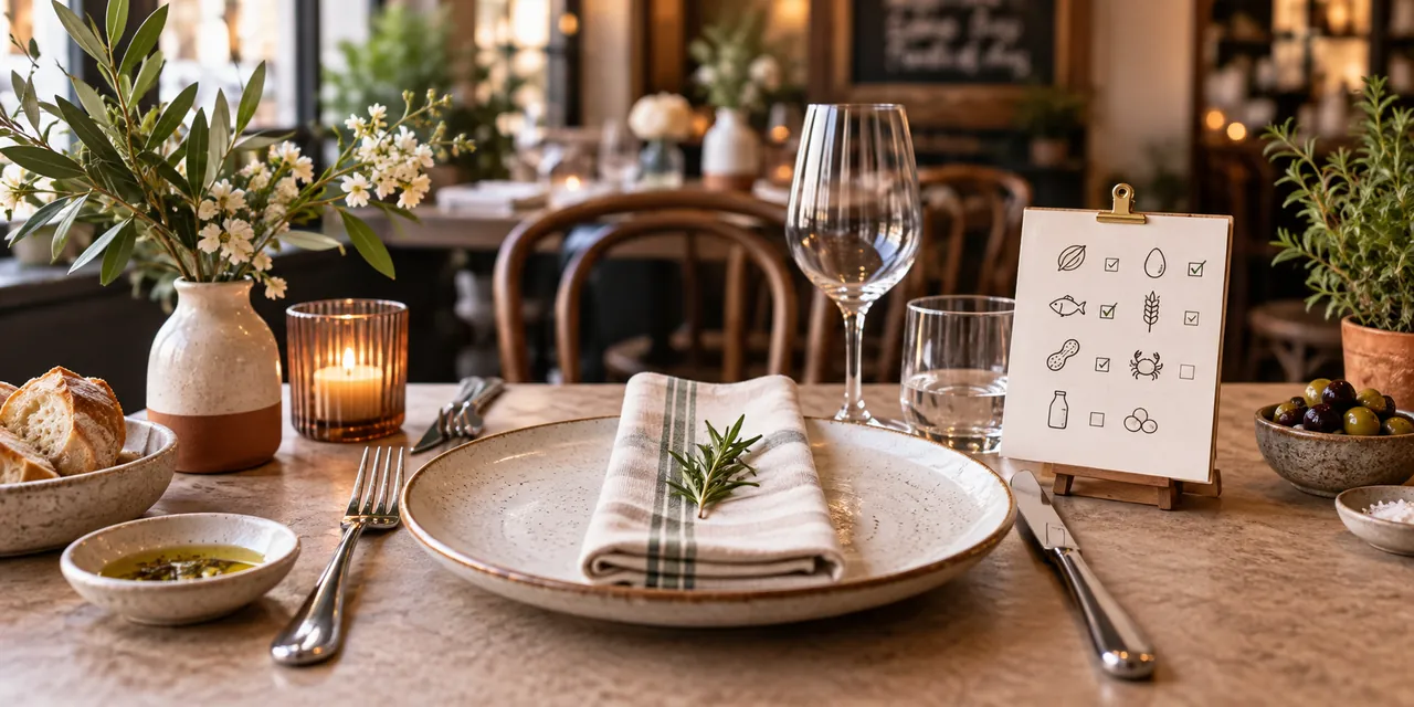 Table de restaurant préparée avec une fiche illustrée de vérification des allergènes