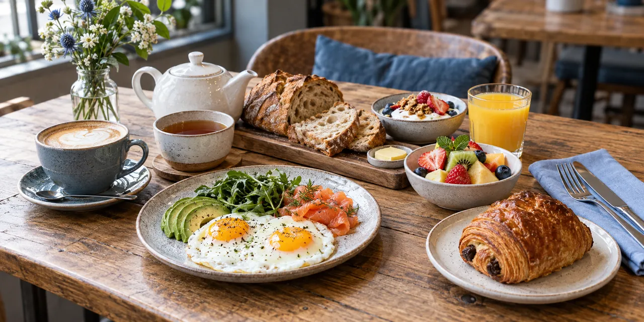 Table de brunch avec boissons chaudes, pain, œufs, fruits et pâtisserie