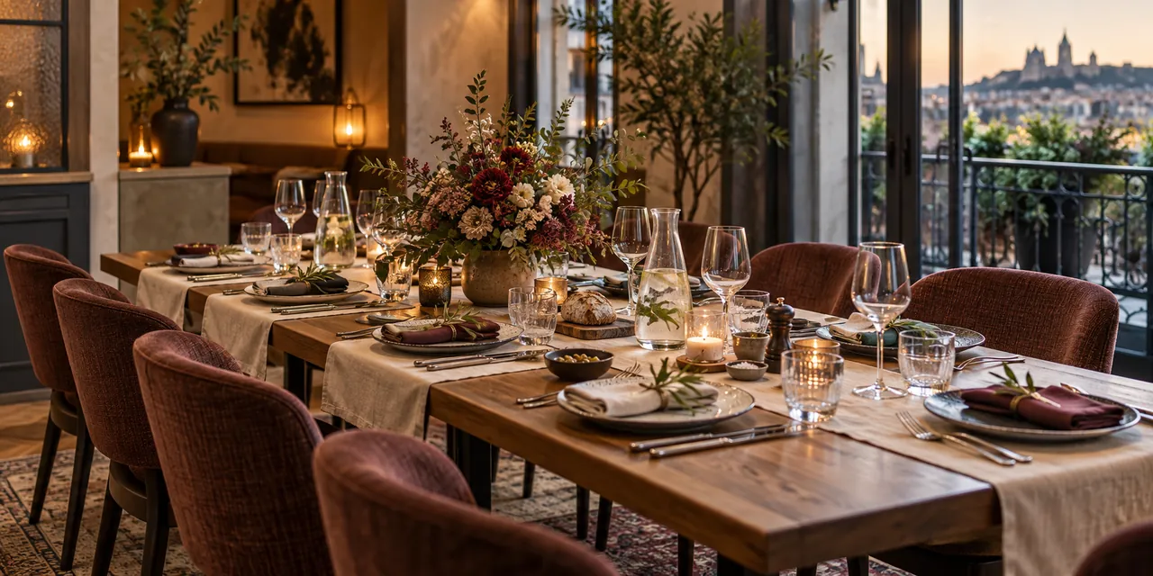 Longue table de restaurant préparée pour un repas de groupe