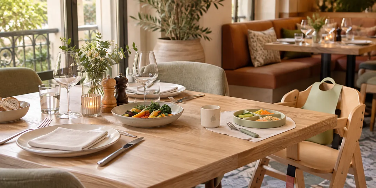 Table de restaurant familiale préparée avec une chaise haute et une petite assiette