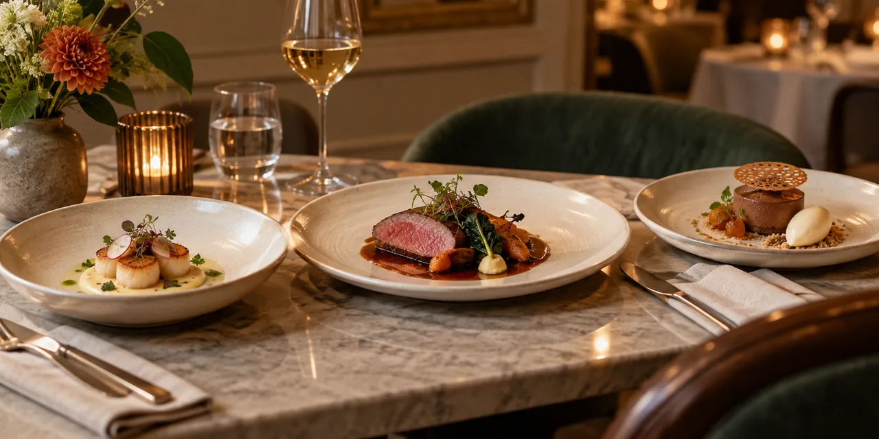 Trois assiettes composant un menu dégustation au restaurant