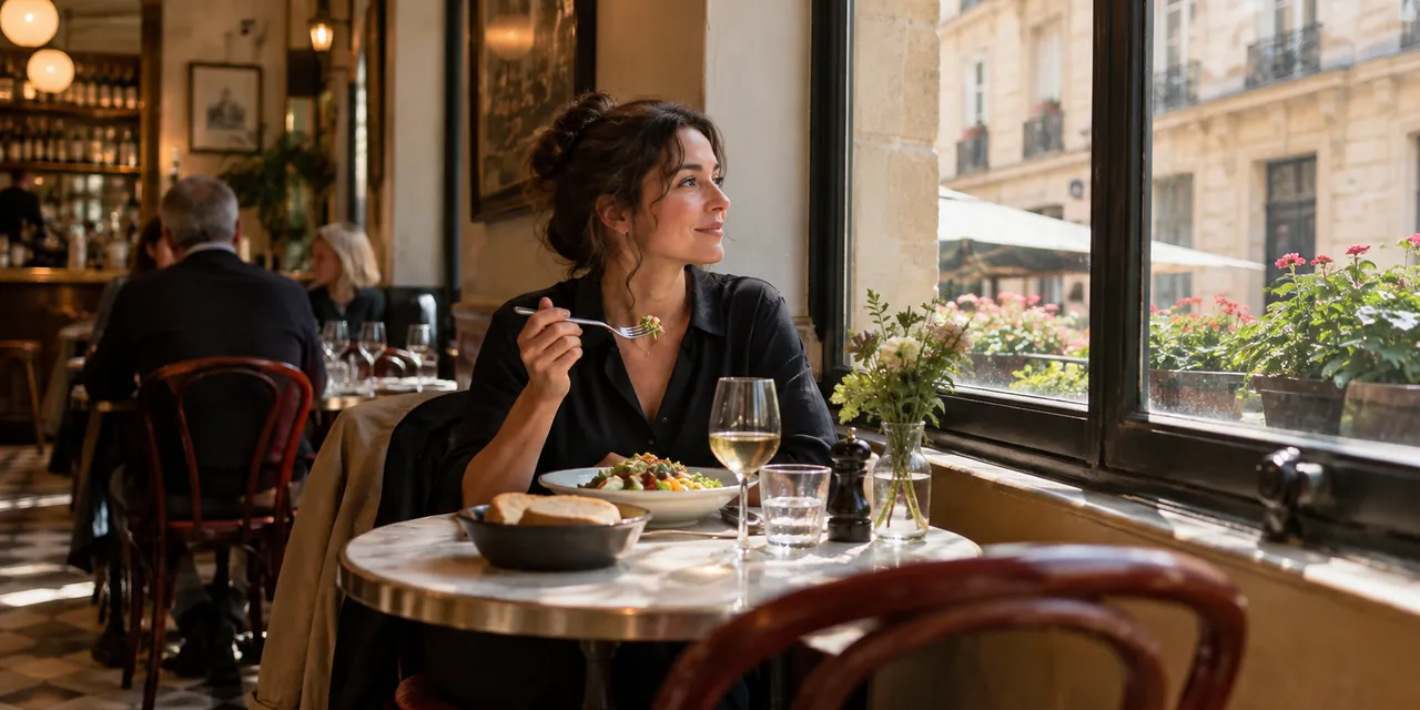 Personne déjeunant seule près de la fenêtre d’un bistrot