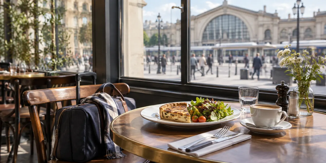Repas léger dans un café avec une gare visible au loin