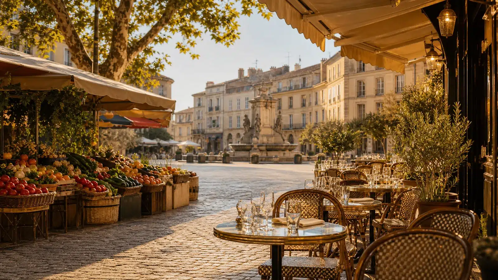 Terrasse et marché dans une ville française à l’heure dorée