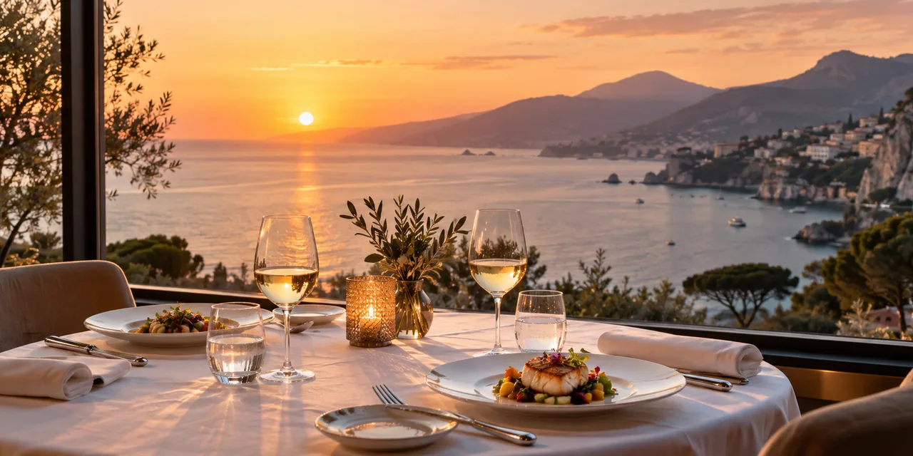 Table de restaurant avec vue panoramique sur la côte au coucher du soleil